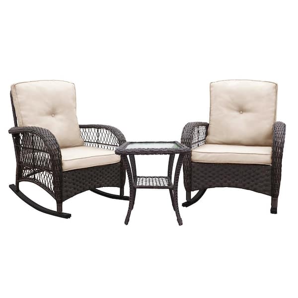 Unbranded 3 Piece Wicker Outdoor Dining Set with Washed Beige Cushion,Rocker Patio Bistro Set,2 Rocking Chairs&Side Table in Brown HL-W1889111346
