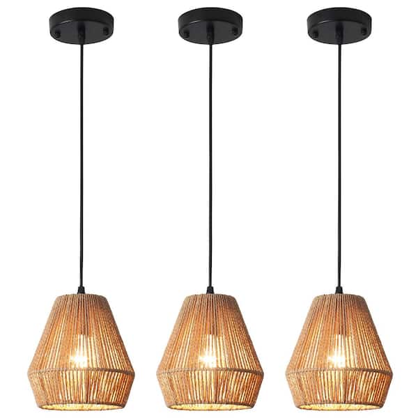 ADSENSTY 1 - Light Brown Shaded Rattan Single Pendant Light Rattan Shade, No Bulbs Included (Set of 3) HD5-B-3-D0166