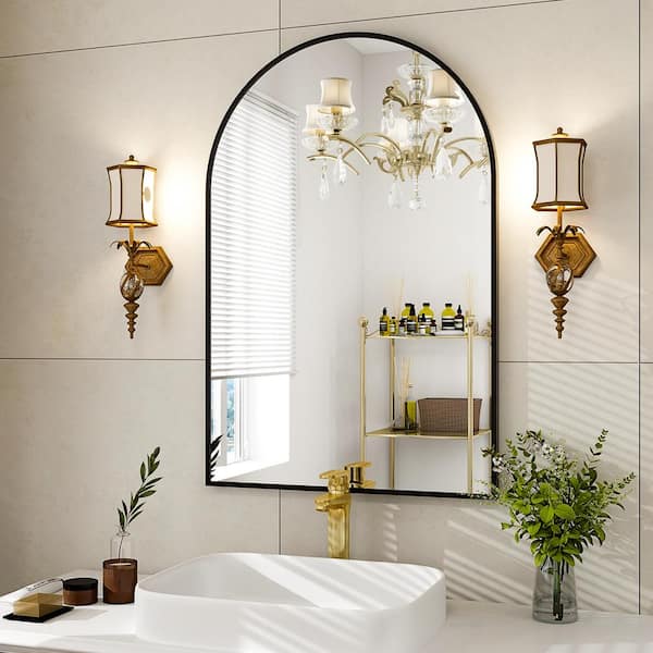 GLSLAND 26 in. W x 38 in. H Arched Metal Framed Wall Bathroom Vanity Mirror Black A2638BAC