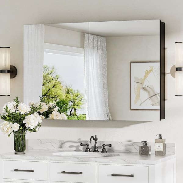 KeonJinn 36 in. W x 24 in. H Rectangular Frameless Aluminum Black Recessed or Surface Mount Medicine Cabinet with Mirror HD-PZJG-9161BK
