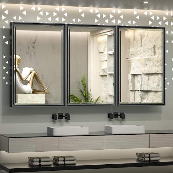 KeonJinn 60 in. W x 30 in. H Rectangular Black Metal Framed Beveled Surface Mount/Recessed Medicine Cabinet with Mirror hd-JGFJ15276bk