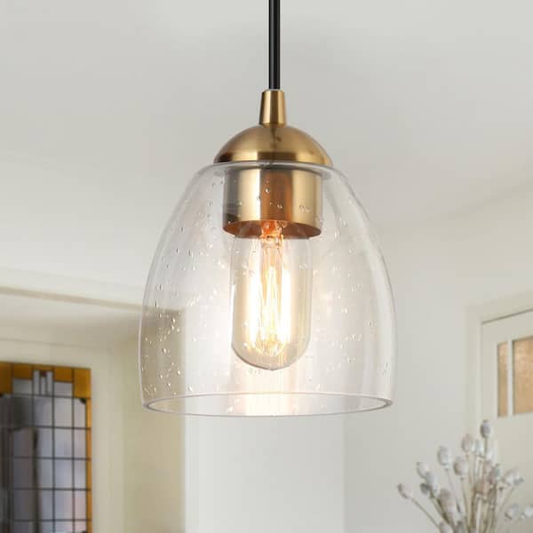 Zevni 1-Light Brass Gold Mini Pendant Light, Seeded Glass Black Pendant Hanging Light, Modern Light Fixture for Kitchen Island Z-V73YIEYQ-4700