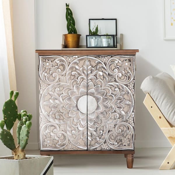 PHI VILLA 38 in. Floral Brown Accent Storage Cabinet with 2-Door THD-IF-405J