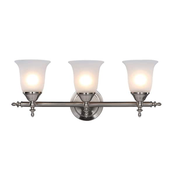 Hampton Bay Olgelthorpe 22 in. 3-Light Brushed Nickel Bathroom Vanity Light Fixture with Bell Shaped Frosted Glass Shades NB39302