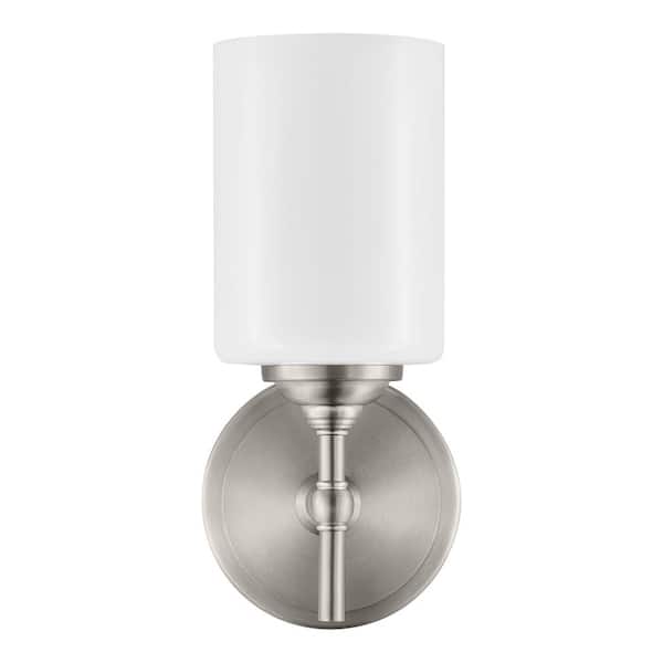 Home Decorators Collection Ayelen 1-Light Brushed Nickel Opal White Glass Indoor Wall Sconce, Modern Wall Light 39342-HBW