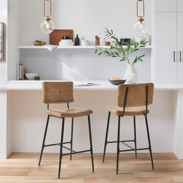 StyleWell 26 in. Blackburn Mid-Century Modern Cognac Faux Leather Counter Stool with Black Metal Frame (Set of 2) 2306270000014