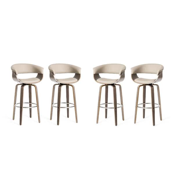 Glitzhome 40.5 in. H Mid-Century Modern Gray PU Leather/Oak Bentwood Swivel Chair Low Back Bar Stool (Set of 4) 2026100006