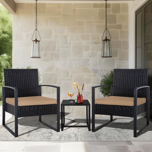 JUSKYS Cute Black 3-Piece Wicker Patio Conversation Set with Tan Cushions BKWT001