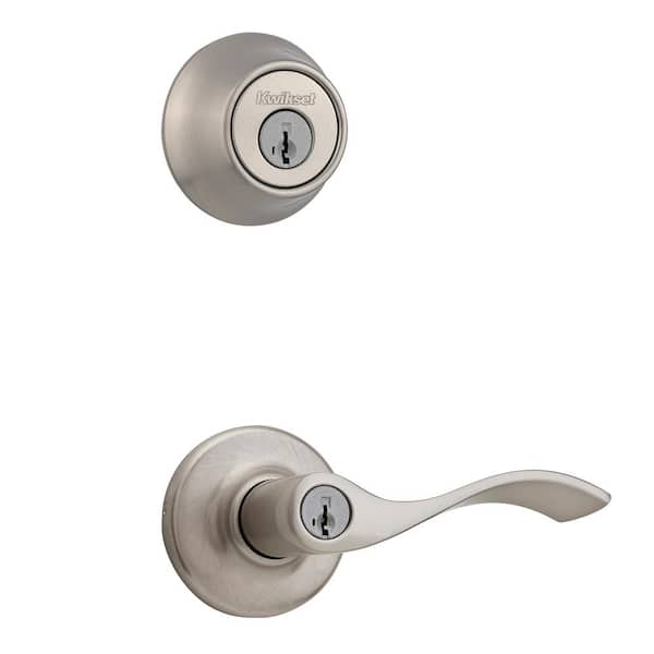 Kwikset Balboa Satin Nickel Keyed Entry Door Handle and Single Cylinder Deadbolt Combo Pack featuring SmartKey and Microban T690BL15SMTCPK6