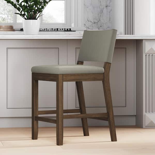 Nathan James Linus Modern Upholstered Counter Height Bar Stool with Back and Solid Rubberwood Legs in a Wire-Brushed Brown Finish 21502