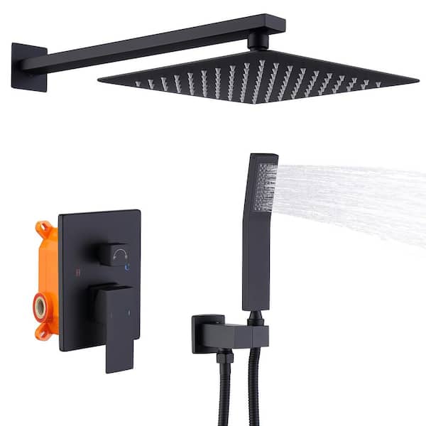 Fapully Single Handle 2-Spray Shower Faucet 2 GPM with Drip Free Wall Mount 10 in. Head Shower with Hand Shower in Matte Black HSN-0159B-10