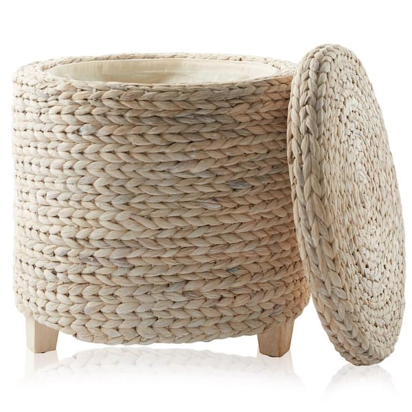 Casafield 17" Round Water Hyacinth Storage Ottoman Footrest with Lid - Whitewash STO-W5528-WHT.