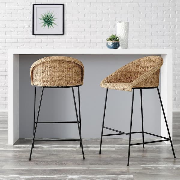 StyleWell 28 in. Natural Woven Hyacinth Bar Stool with Low Back ST1811035-NBLK