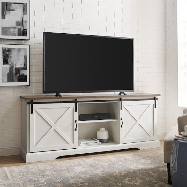 Walker Edison Furniture Company 70 in. Farmhouse Rustic Oak and Brushed White Wood and Metal TV Stand with Sliding X Barn Doors (Max TV Size 80 in.) HD8723