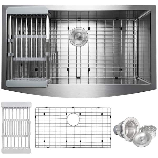 AKDY 33 in. x 20 in. Farmhouse Apron-Front Single Bowl 18-Gauge Brushed Stainless Steel Kitchen Sink with Accessories KS0310