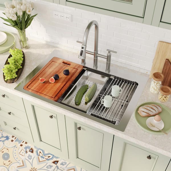 Boyel Living 33 in. Drop-In Single Bowl 18-Gauge Stainless Steel Kitchen Sink with Bottom Grid, Cutting Board and Strainer Basket BL-05-TS33SW