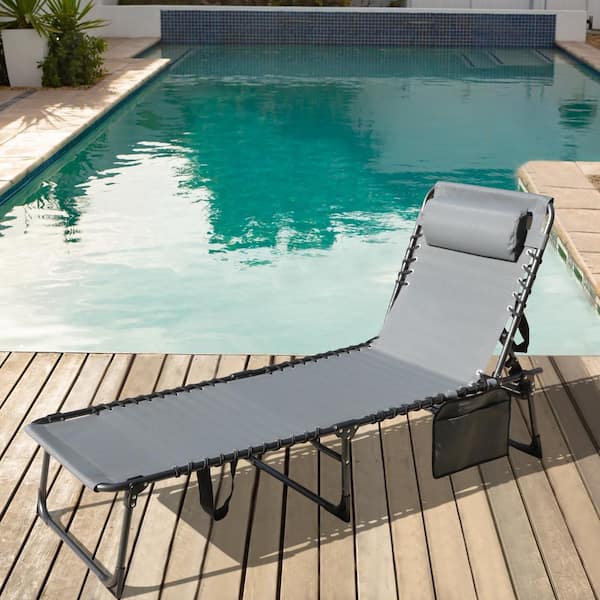 VEIKOUS Outdoor Folding Chaise Lounge Chair Fully Flat for Beach with Pillow and Side Pocket, Dark Grey PG0208-01DGY-3