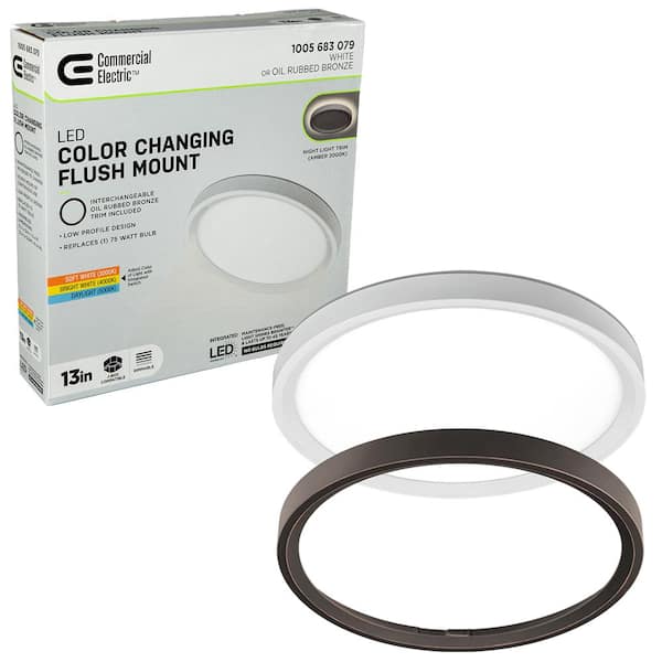 Commercial Electric 13 in. White, Oil Rubbed Bronze Trims 1350 Lumens LED Flush Mount Ceiling Light Fixture with Night Light Adjustable CCT 56584112