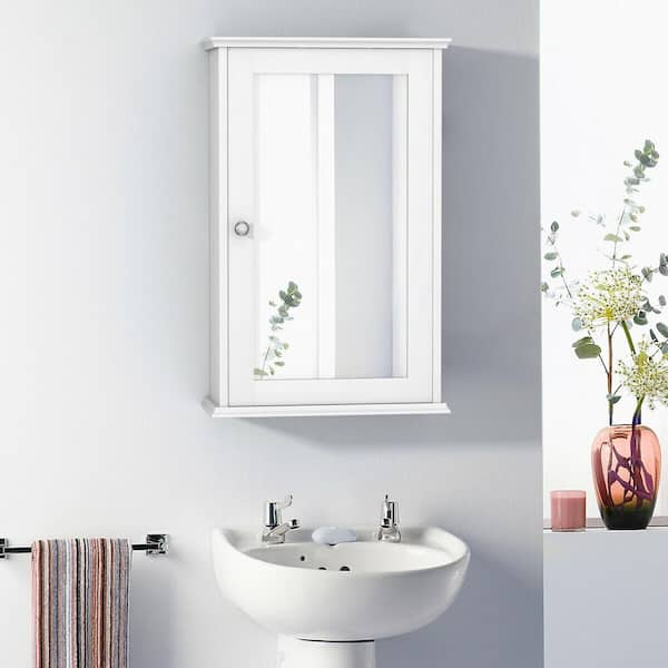 FORCLOVER 13.5 in. W x 21 in. H Rectangular Wood Medicine Cabinet with Mirror and Adjustable Shelf HYM-5846WH