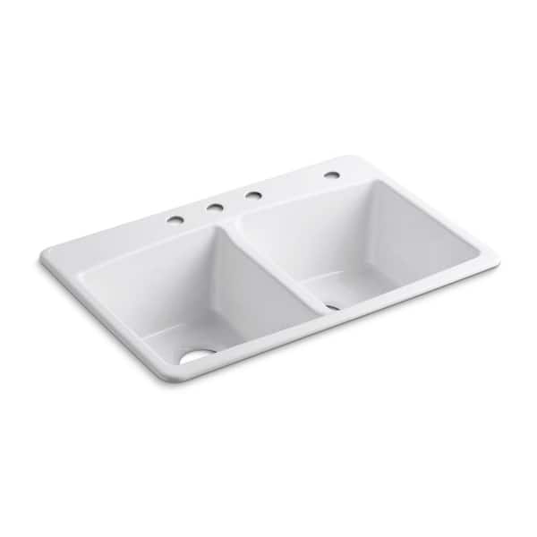 KOHLER Brookfield 33 in. Drop-in Double Bowl Cast Iron Kitchen Sink K-RH5846-4-0