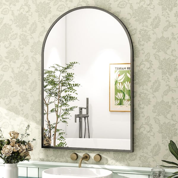 XRAMFY 26 in. W x 38 in. H Arched Black Aluminum Alloy Framed Wall Mirror BACSC2638-BLACK