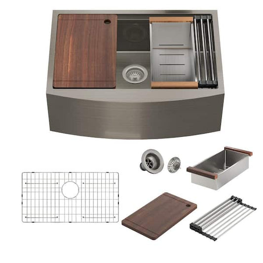 CASAINC Stainless Steel Sink 36 in. 16-Gauge Single Bowl Farmhouse Apron Workstation Kitchen Sink in Brushed with Accessories CA-3622AS-BS