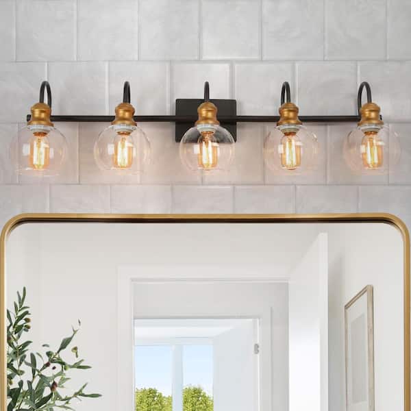 LNC Modern 35.5 in. 5-Light Aged Brass Vanity Light with Black Linear Frame and Clear Glass Globes for Master Bathroom BNEIJIHD112W5T8