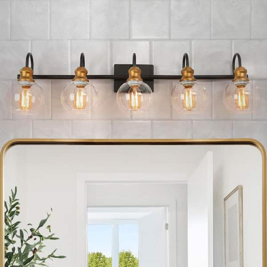 LNC Modern 35.5 in. 5-Light Aged Brass Vanity Light with Black Linear Frame and Clear Glass Globes for Master Bathroom BNEIJIHD112W5T8