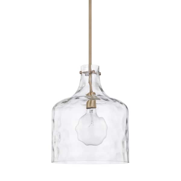 HOMEPLACE LIGHTING Crawford 12 in. W x 15 in. H 1-Light Clear Water Glass Pendant in Aged Brass 325717AD