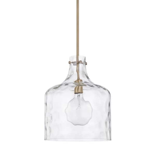 HOMEPLACE LIGHTING Crawford 12 in. W x 15 in. H 1-Light Clear Water Glass Pendant in Aged Brass 325717AD