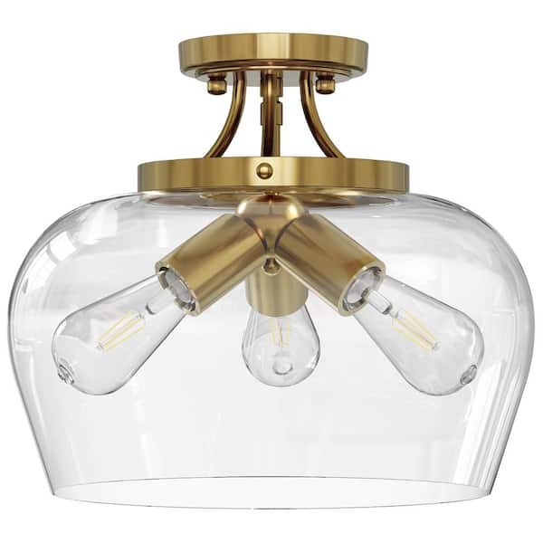 Merra 11 in. 3-Light Antique Brass Semi-Flush Mount Ceiling Light with Glass Shade HCF-2806-GD-BNHD-1