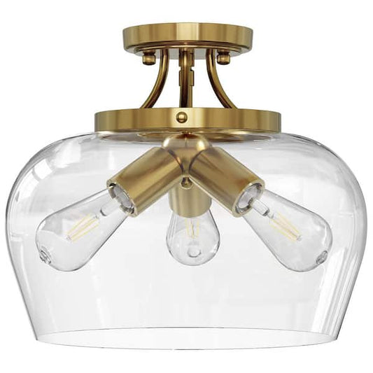 Merra 11 in. 3-Light Antique Brass Semi-Flush Mount Ceiling Light with Glass Shade HCF-2806-GD-BNHD-1
