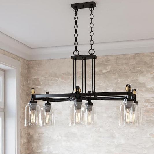 Home Decorators Collection Knollwood 6-Light Antique Bronze Chandelier with Vintage Brass Accents and Clear Glass Shades 7992HDCAB