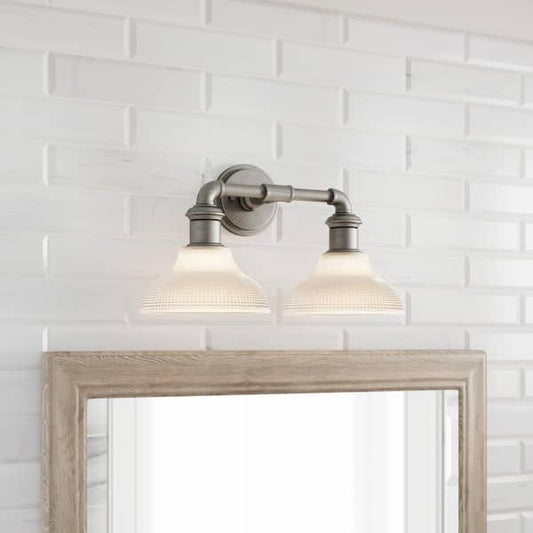 Home Decorators Collection Foxcroft 2-Light Antique Nickel Vanity Light with Clear Prismatic Glass Shades 8010HDCAN