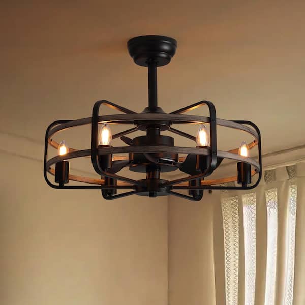 ANTOINE 25 in. Black Farmhouse Ceiling Fan Caged Ceiling Fan Indoor with Lights and Remote Wood Grain Industrial Ceiling Fan HD-123-001