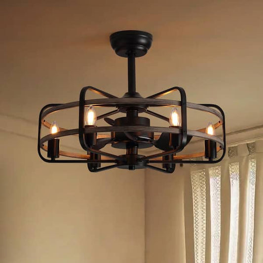 ANTOINE 25 in. Black Farmhouse Ceiling Fan Caged Ceiling Fan Indoor with Lights and Remote Wood Grain Industrial Ceiling Fan HD-123-001