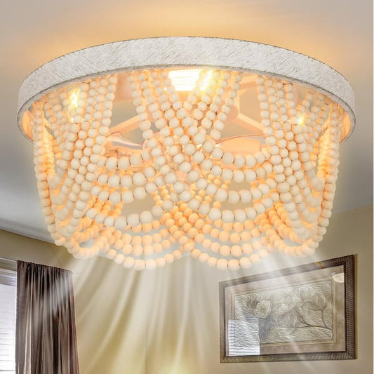 ARISKEEN 20 in. Indoor 4-Lights Wood Boho Caged Ceiling Fan with Light and Remote, Wood Bead Fandelier, Chandelier Light Fixture A01-010-WDB