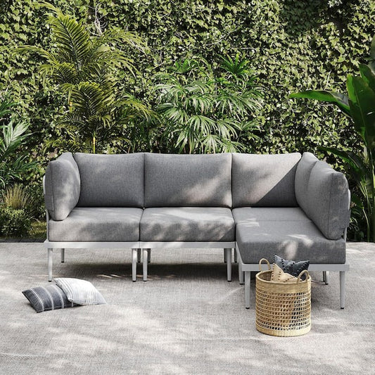 AURA OUTDOOR 4-Piece Metal Outdoor Sectional Sofa Set Patio Furniture Set with 6 in. Olefin Cushion, White SIS006-WH