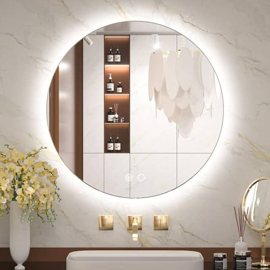 KeonJinn 24 in. W x 24 in. H Round Frameless Dimmable Super Bright LED Anti-Fog Wall Mount Bathroom Vanity Mirror with Backlit YKLBG-Round60
