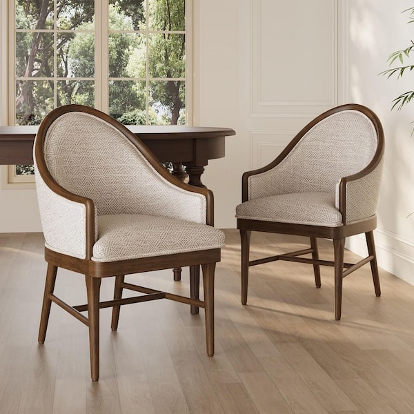 CHRISTOPHER KNIGHT HOME Littell Modern Beige Polyester Fabric Upholstered and Solid Wood Dining Arm Chairs, Curved Backrest, Set of 2 138972