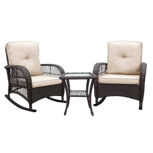 Unbranded 3 Piece Wicker Outdoor Dining Set with Washed Beige Cushion,Rocker Patio Bistro Set,2 Rocking Chairs&Side Table in Brown HL-W1889111346