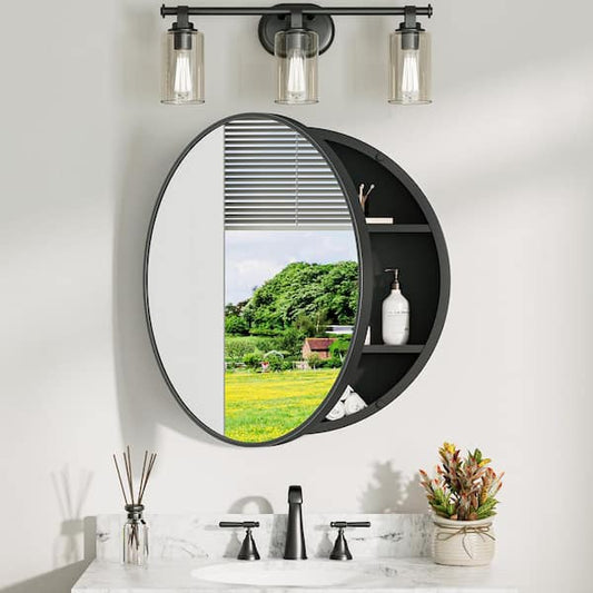KeonJinn 26 in. W x 26 in. H Round Black Metal Framed Surface Mount Medicine Cabinet with Mirror HD-JSKJG-R66bk