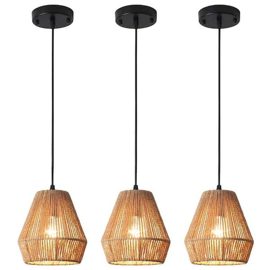 ADSENSTY 1 - Light Brown Shaded Rattan Single Pendant Light Rattan Shade, No Bulbs Included (Set of 3) HD5-B-3-D0166