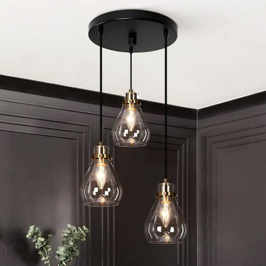 Uolfin Modern Black and Brass Chandelier 3-Light Height Adjustable Ceiling Light with Teardrop Clear Glass Shades 628T8N6V3M24780
