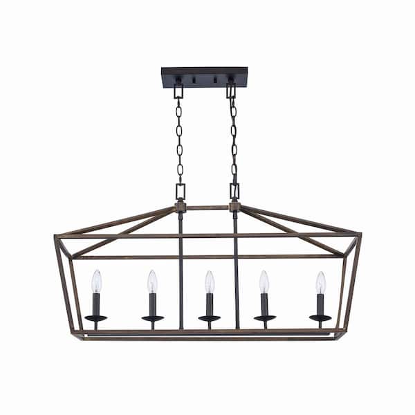 Home Decorators Collection Weyburn 36 in. 5-Light Black and Faux Wood Farmhouse Linear Chandelier Light Fixture with Caged Metal Shade 5-76201 FW-BK