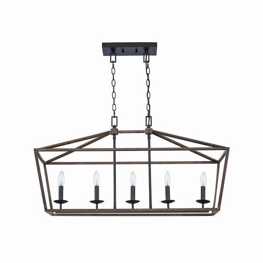 Home Decorators Collection Weyburn 36 in. 5-Light Black and Faux Wood Farmhouse Linear Chandelier Light Fixture with Caged Metal Shade 5-76201 FW-BK
