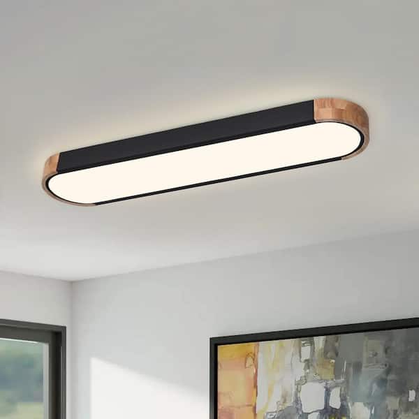 HUOKU Lumin 38 in. W 1-Light Black and Wood Integrated LED Flush Mount Minimalist Long Oval Ceiling Light for Hallway/Kitchen PD1051931