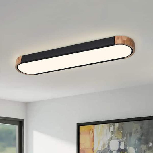 HUOKU Lumin 38 in. W 1-Light Black and Wood Integrated LED Flush Mount Minimalist Long Oval Ceiling Light for Hallway/Kitchen PD1051931