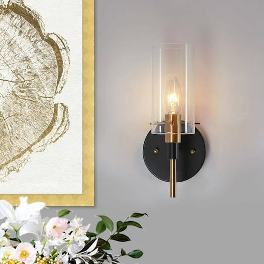Zevni Modern 1-Light Brass Gold Wall Sconce, Black Bathroom Vanity Light with Open Cylinder Clear Glass Shades DIY Wall Light Z-47YV6RAY-4673
