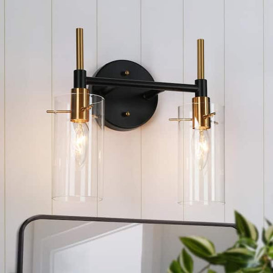 Zevni Modern 2-Light Brass Gold Bathroom Vanity Light, Black Vanity Light with Open Cylinder Clear Glass Shades Wall Light Z-77UQIYZF-4676